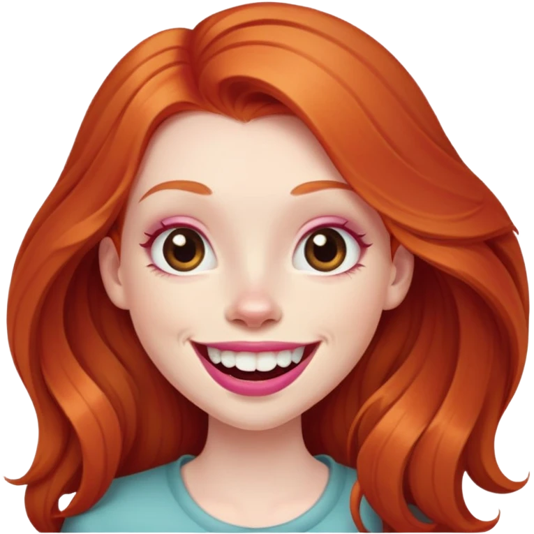 Young girl with pale skin, longer face, full pink lips smiling with big teeth, very long ginger red hair, big brown eyes, bigger nose, big mouth emoji
