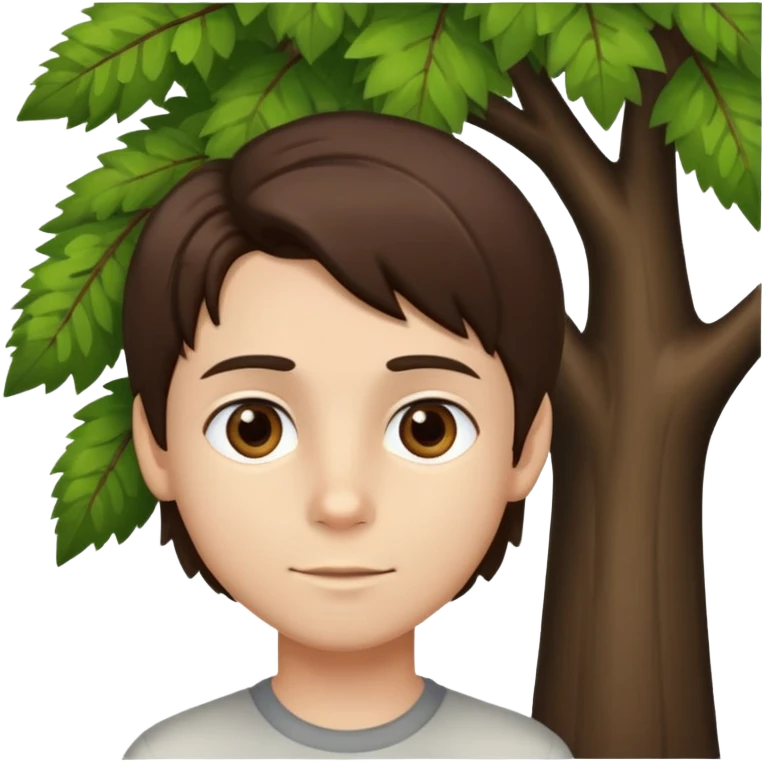 boy with straight brunette hair brown eyes and tree behind emoji