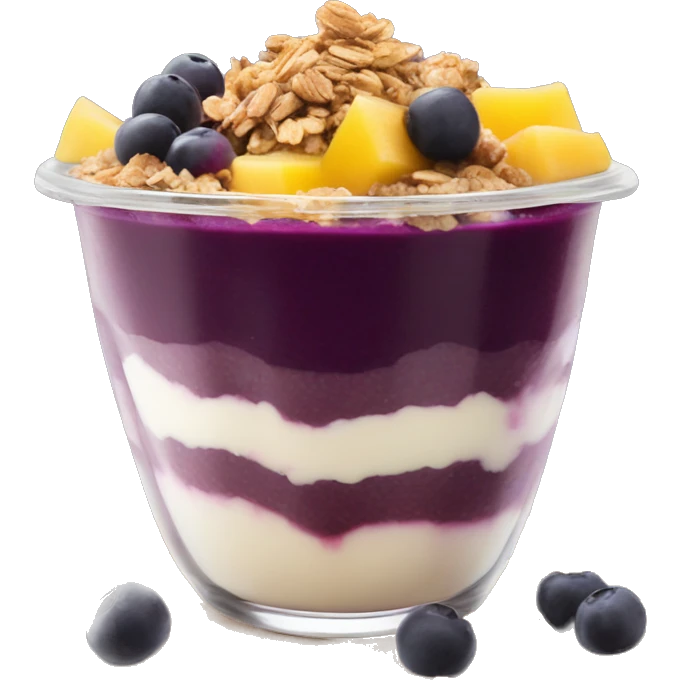Açaí in a clear cup with layers of fruits and granola and condensed milk emoji