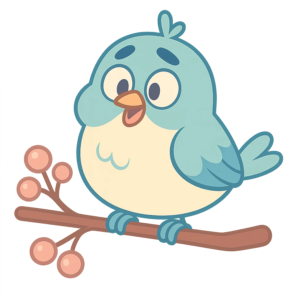 pastel bird perched on a branch with berries, soft blue and cream tones, pastel toon style emoji