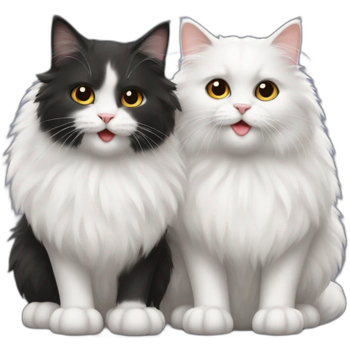 Two cute fluffy cats one black and one white kissing emoji
