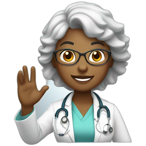 female african middle aged doctor waving and smiling emoji