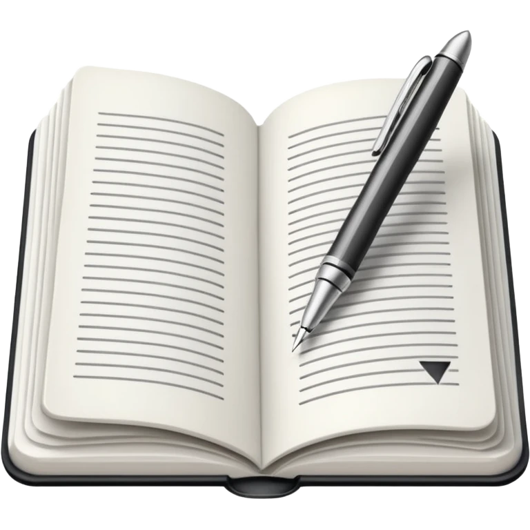 "A white open book,The pen should be positioned as placed exactly in the center between the pages.  if held by a right-handed person - meaning the direction is reversed compared to a left-handed grip. The pen should be uncapped, and the cap placed behind it." emoji