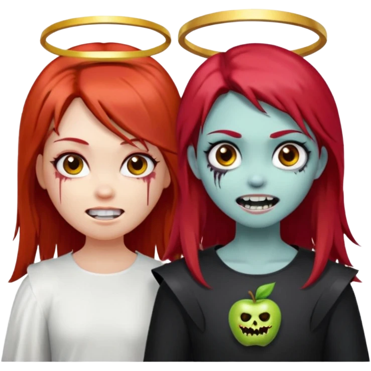 девушка ангел с нимбом и крыльями, с рыжими прямыми волосами по плечи, с улыбкой, стоит рядом с девушка зомби с темными длинными прямыми золосами, со злым выражением лица и ровными белыми зубами в стиле Apple avatar emoji