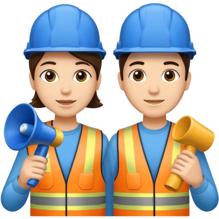 Duas pessoas com capacete de obras azul e um megafone na mão emoji