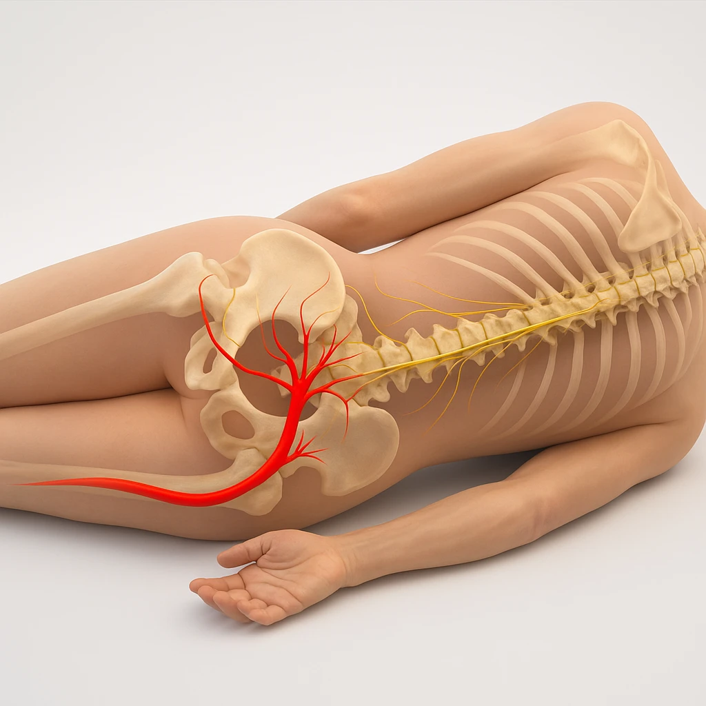 Hyperrealistic anatomical view of sciatica: human body lying on one side, visible spine, bones, and nerves, sciatic nerve highlighted in red along the leg, clear anatomical details, white background, 4K quality. emoji