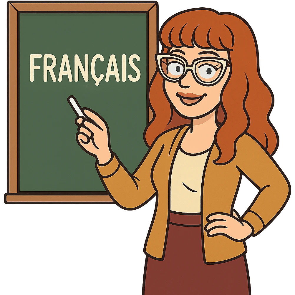 bitmoji cartoon, redhead woman, long wavy hair, bangs, cat-eye clear-framed glasses, blue eyes, French teacher, standing by a chalkboard emoji