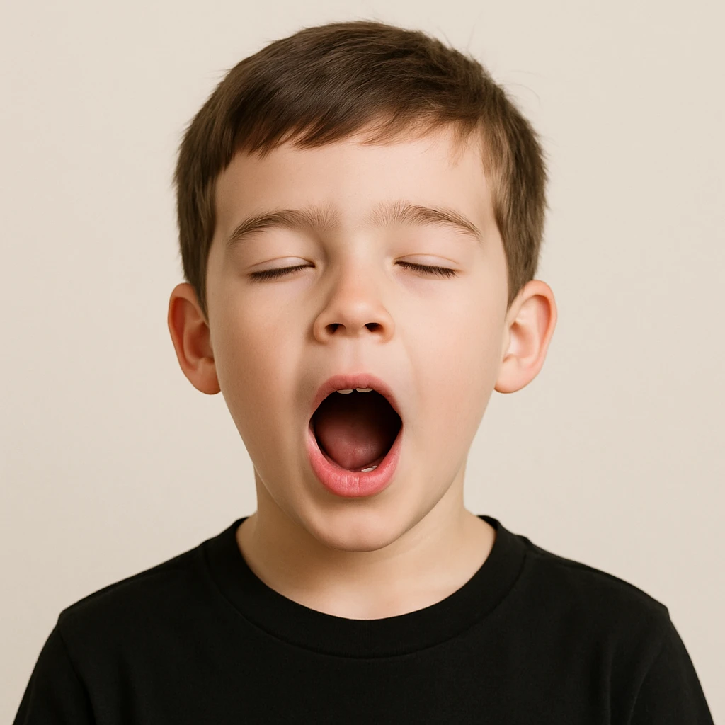 front image of a white boy with brown hair, semi-closed eyes, wide open mouth, black shirt, simple clean style, clear facial features emoji