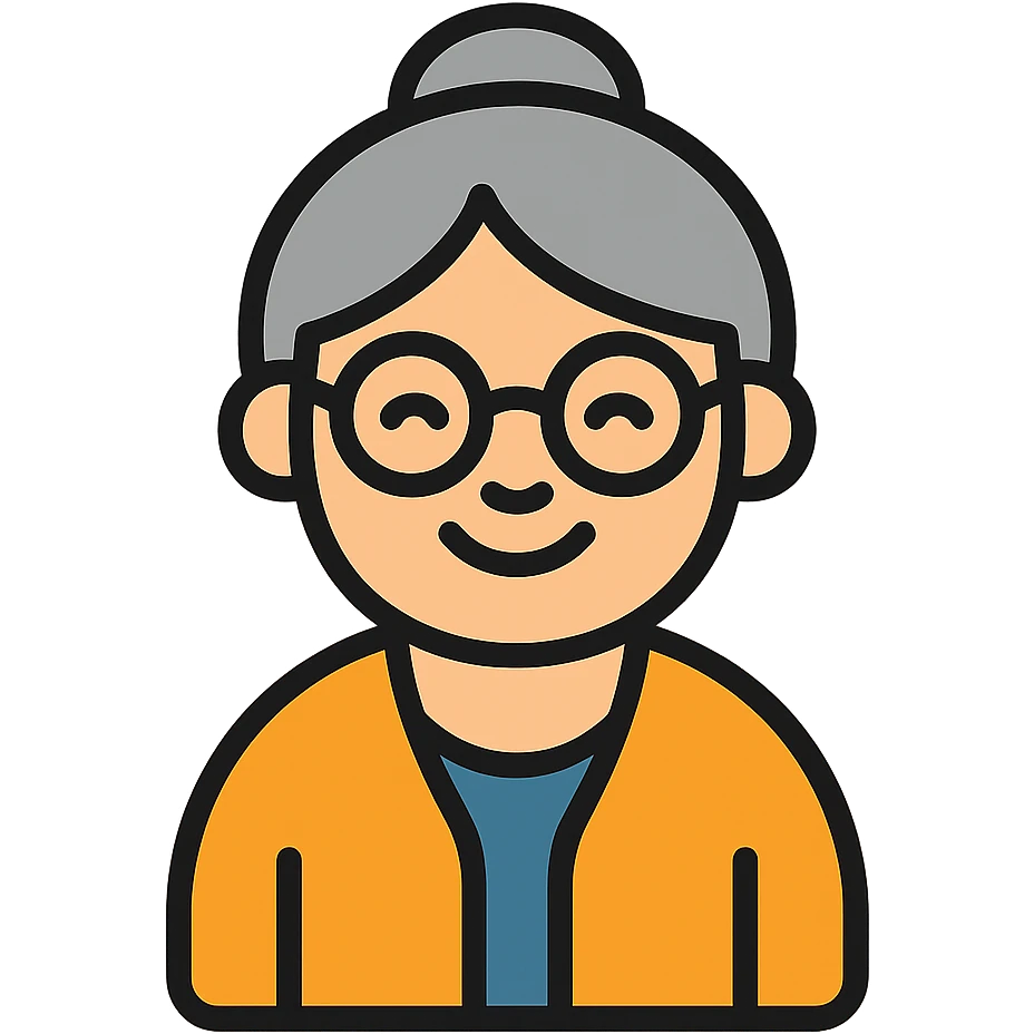 elderly smiling granny who looks like a librarian, glasses, neat hair bun, cardigan emoji