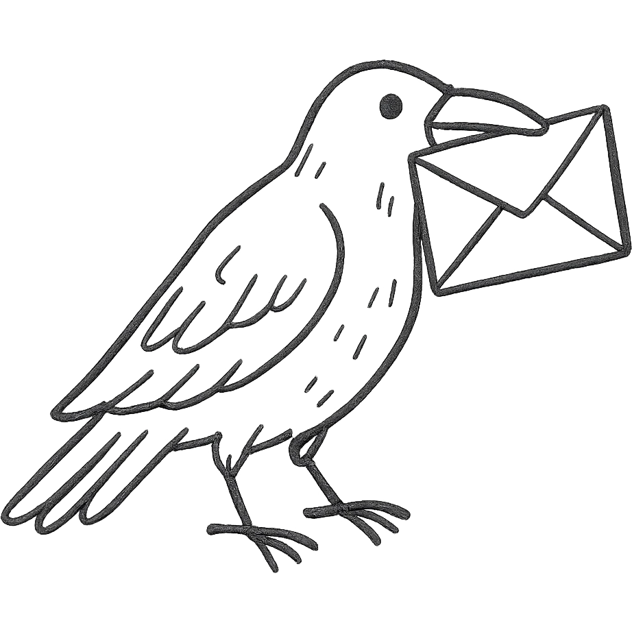 hand drawn outlined icon of a raven with a letter emoji