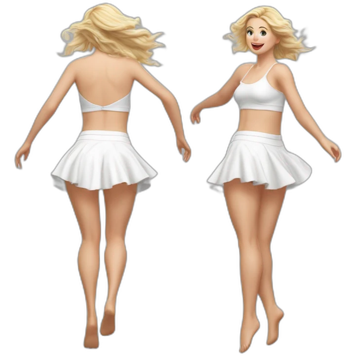 Hyperrealistic Full body Caucasian curvy beauty jumping short white skirt back and front views strong wind knickers emoji