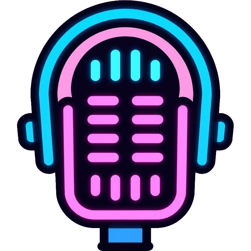 microphone with neon glow effect, blue neon glow on top left, pink neon glow on bottom right emoji