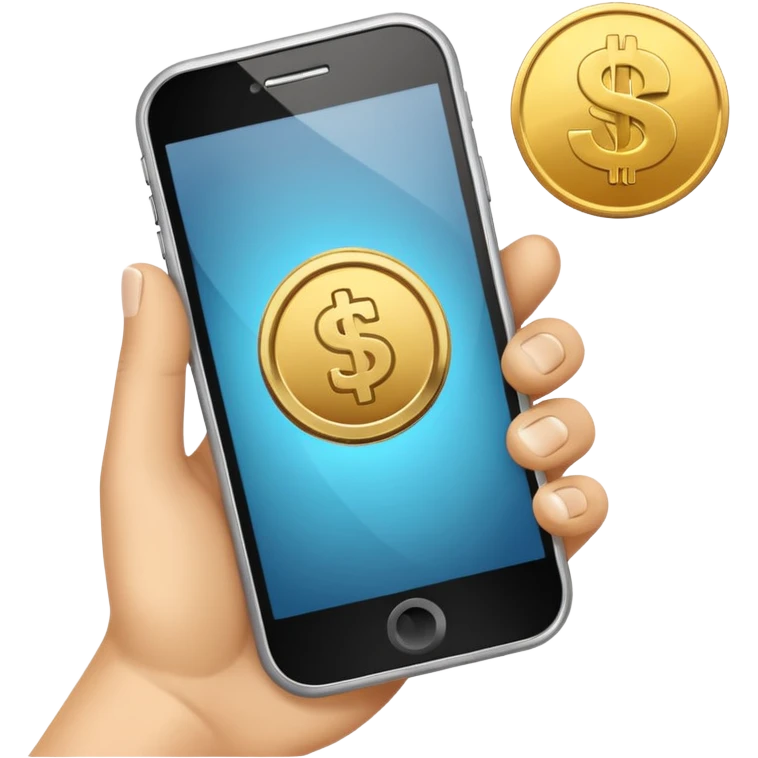 hand holding a phone showing a play icon and coin emoji