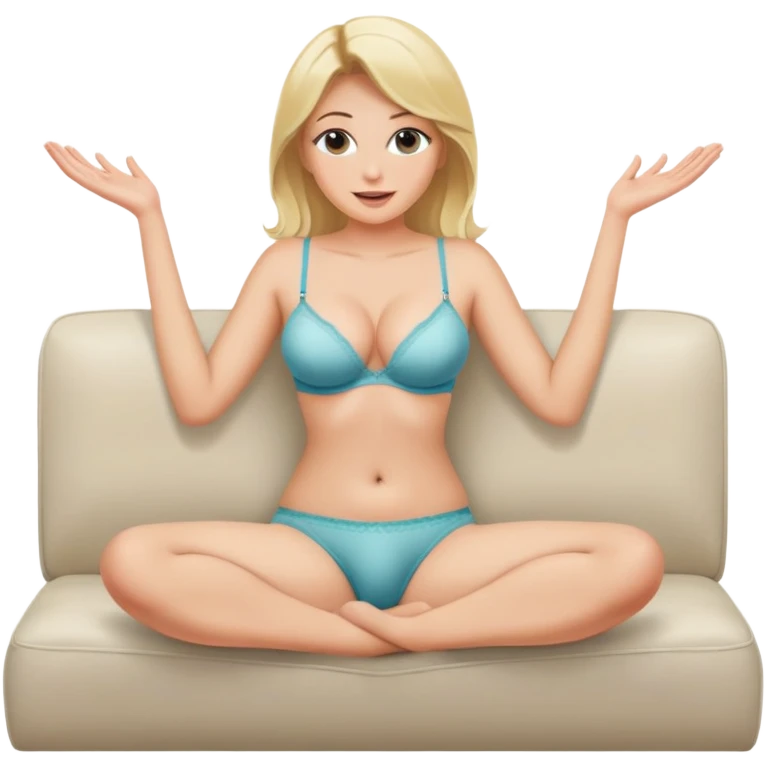 fullbody realistic busty blonde topless buxom in undies sitting on couch in comfy
missionary pose holding her legs up with hands sfw emoji