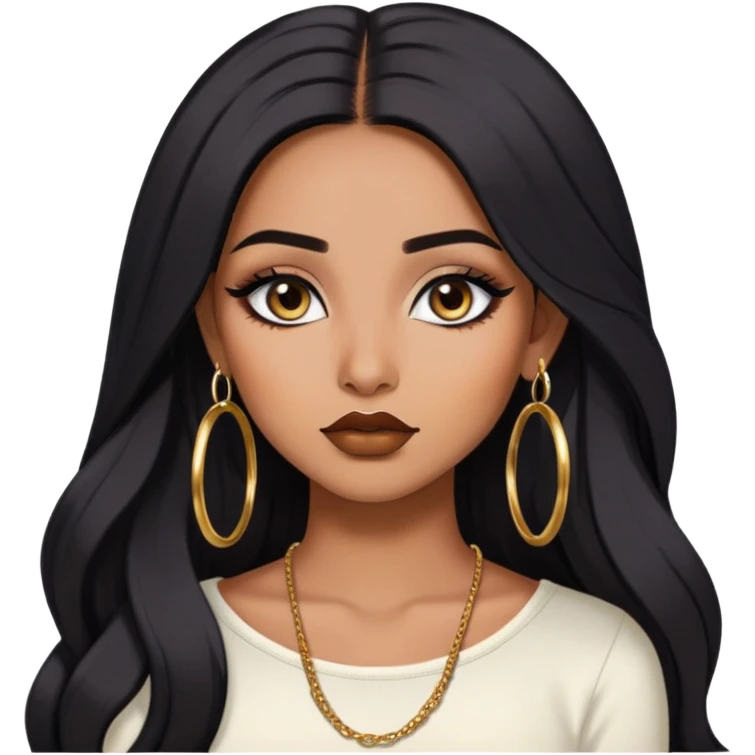 indian girl, brown skin, long black voluminous hair, brown underneath colored hair, baddie,pretty, makeup, lipliner, black eyeliner, gold hoop earrings, white top emoji