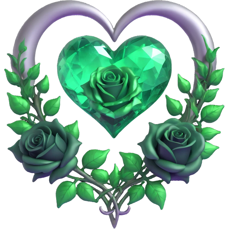 gothic heart made of emerald green glass, silver crescent moon, dark green roses, holographic stardust, neon green lightning, drenched and splintered glass emoji