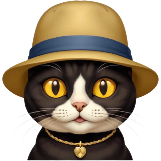 mostly black cat with some brown spots on face, gold eyes, british hat emoji