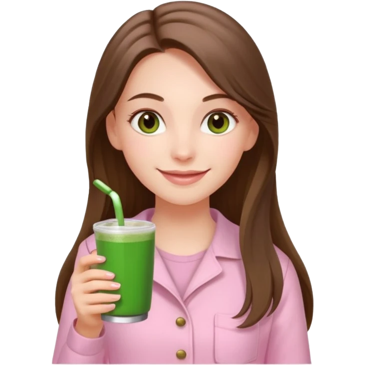 happy white long brunette hair girl with hazel eyes wearing light pink who is holding matcha emoji