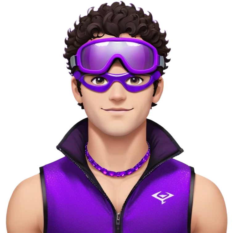 close-up of cool guy male athlete with white skin and moderately curly dark brown hair on top with shaved sides, with one purple ski goggle lens pushed up above his eyes on his forehead, with an arrogant smug smirk on his face, wearing only a plain black chain necklace around his neck, and a completely unzipped sleeveless vest with purple and black sequin fire pattern design with no logo, clearly showing he is shirtless underneath with exposed chest and abs emoji