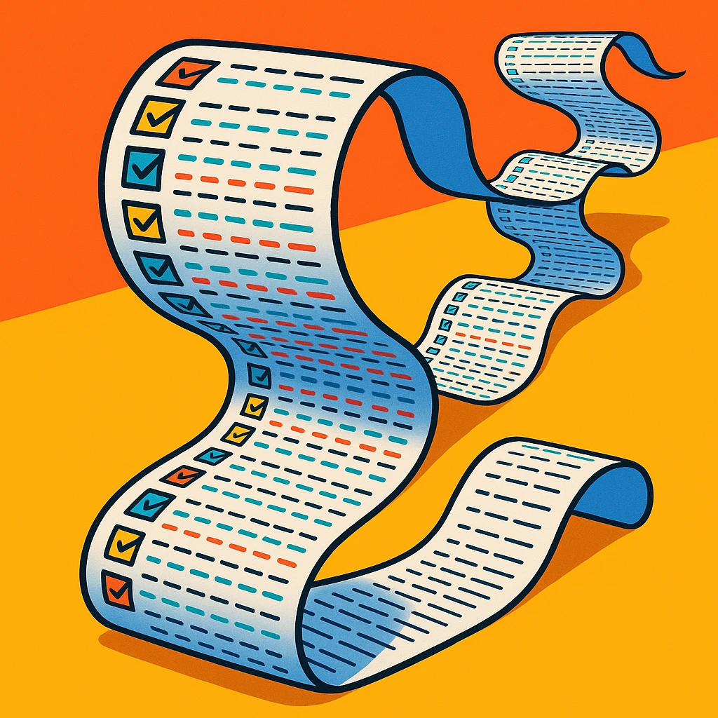 endlessly stretching to-do list paper curling up and down like a snake, packed with tiny colorful checkboxes, fading into the distance, vibrant cartoon style emoji