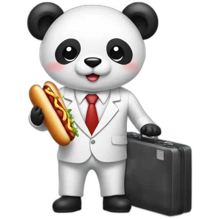 A professor with white suit and red tie and a panda face eating a hotdog and holding a black suitcase emoji