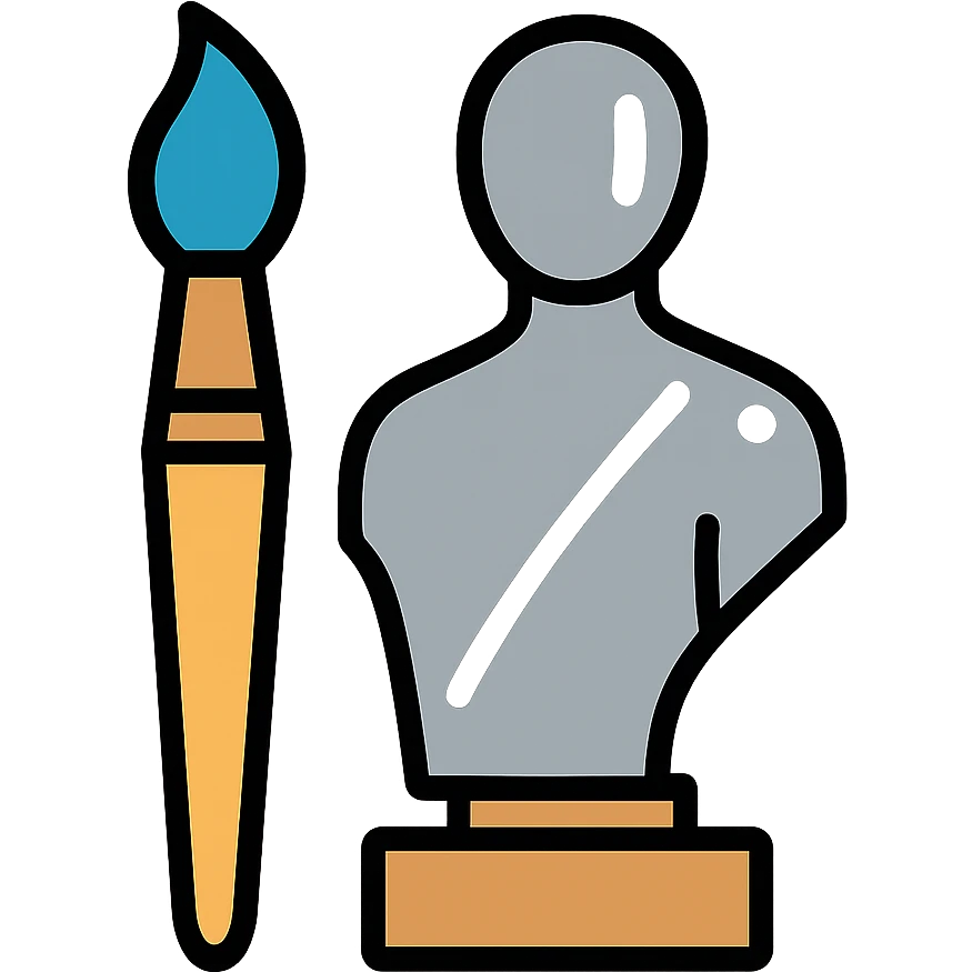 A paintbrush transforming into a silver and bronze metallic human figure sculpture, artistic identity symbol, with reflective surface emoji