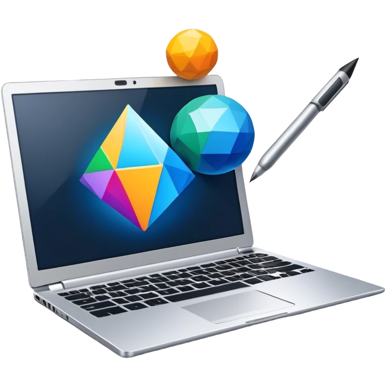 Professional icon for Graphic Design: a laptop with Photoshop open on the screen, displaying geometric shapes like spheres, cubes, and pyramids, along with a stylus. The icon should reflect the creative process in graphic design. Transparent background. emoji
