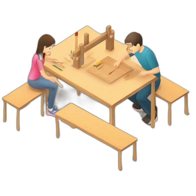 isometric square transparent solid outline border containing indoor woodworking teacher with student teaching in creative workshop on long table emoji