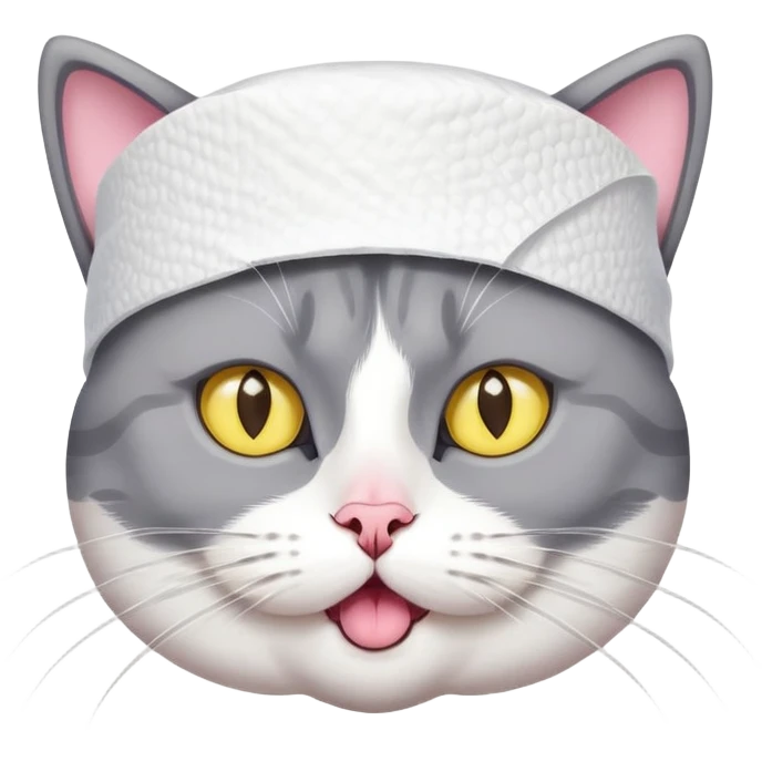 A gray and white cat with wide, surprised-looking yellow eyes. It appears to have a piece of toilet paper or paper towel on top of its head like a hat. emoji