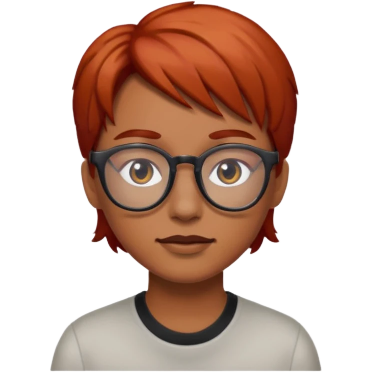 Cabelo vermelho ,pele parda  , olhos pretos e usando óculos  emoji