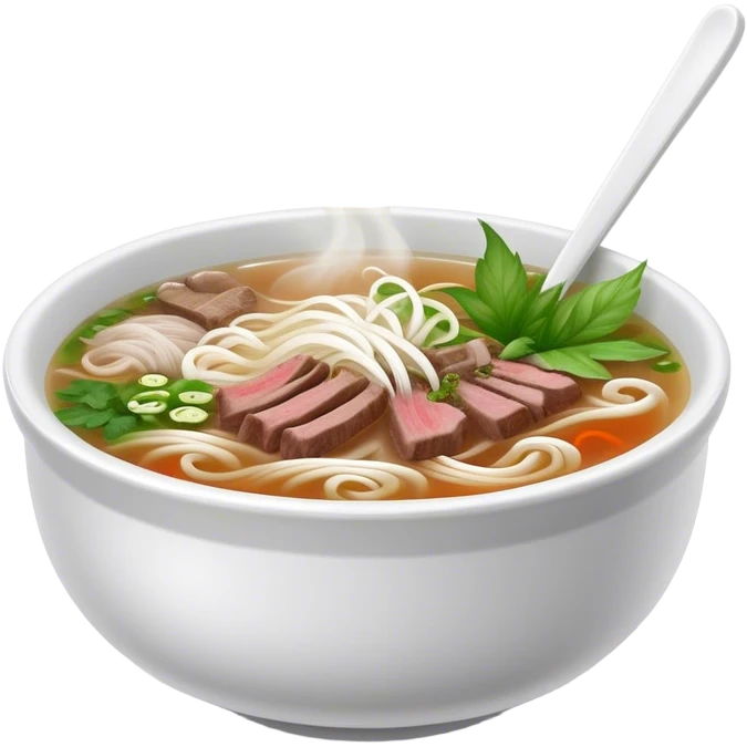 Cinematic Realistic Pho Dish Emoji, depicted as a steaming bowl of aromatic beef noodle soup with herbs rendered with lifelike textures and vibrant, warm lighting. emoji