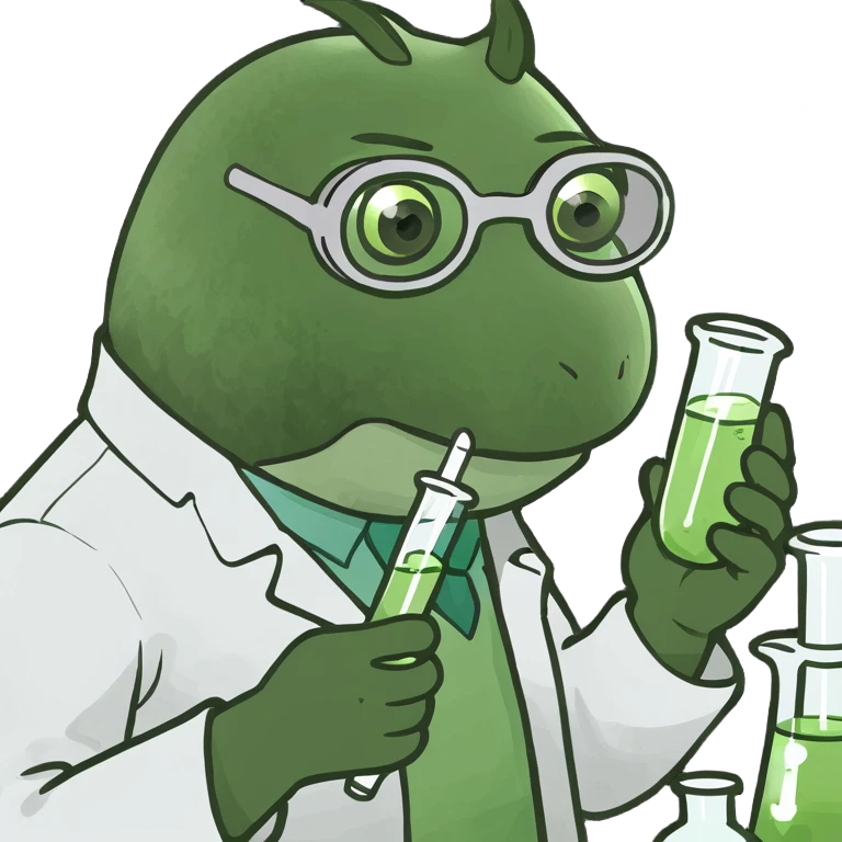 chemist in lab coat with chemical goggles holding a test tube, background with a board of chemical elements, bufo frog meme style, no text emoji