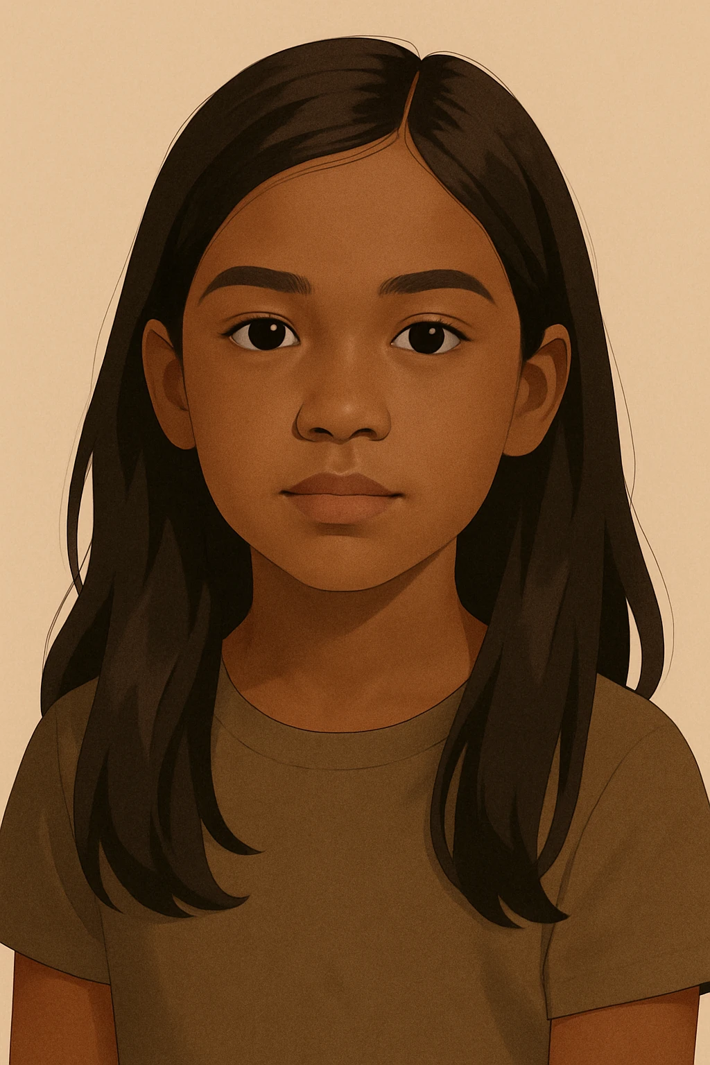 brown-skinned girl with long brown hair and black eyes, simplified realistic style emoji