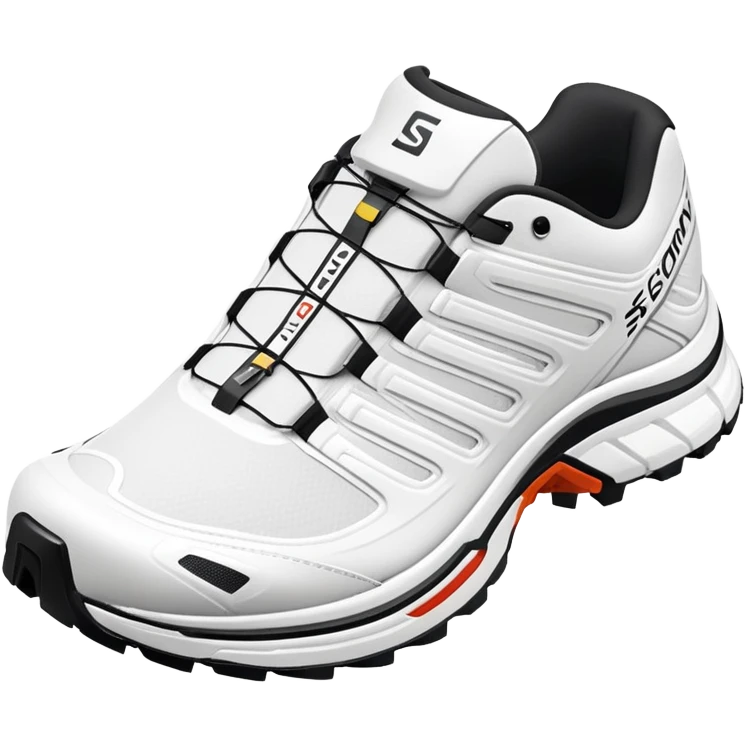 Ultra minimalist white Salomon XT-6 shoes, extremely simplified iOS emoji style, one behind the other, flat colors, very basic lines, essential details only, clean design emoji