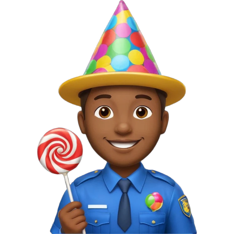 security guard head, birthday theme, holding a lollipop, cheerful expression emoji