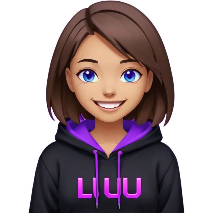 brown haired girl with a bob and blue eyes wearing black hoody with violet letters "Lu", laughs. Cyberpunk style. Violet neon. emoji
