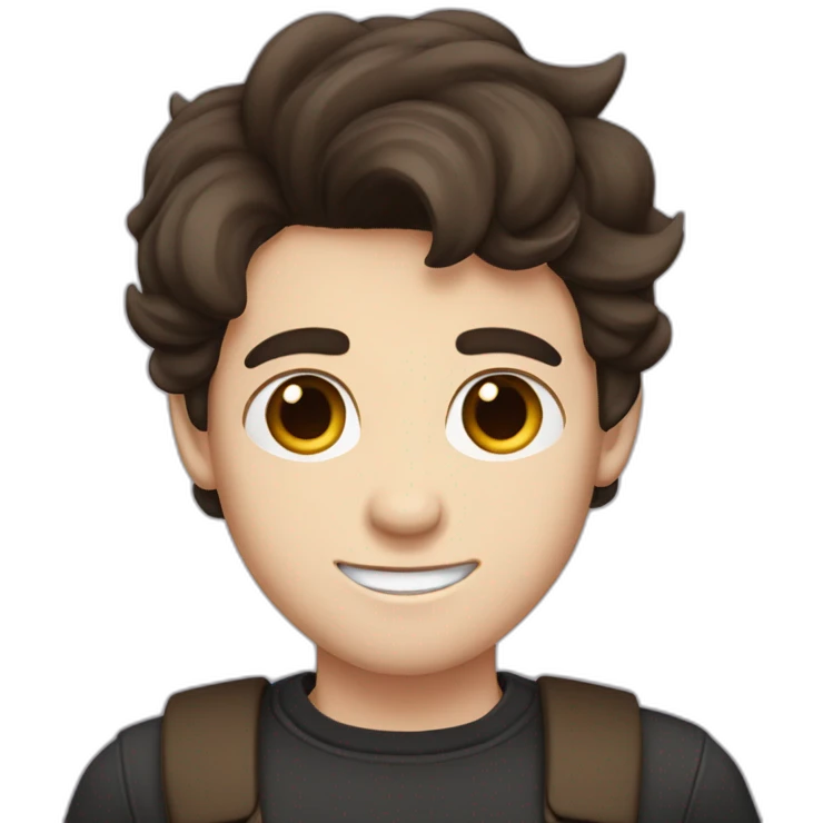 boy, big eyebrows, middle part, big teeth, pale skin, dark brown hair, mustache emoji