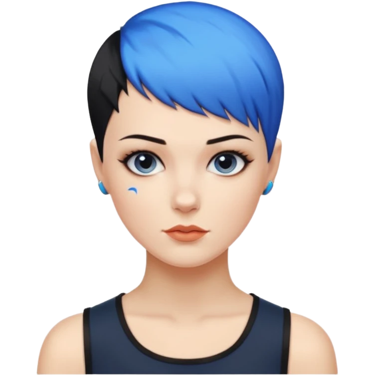 frau, kein kind freche extreme schwarze Kurzhaarfrisur eine Seite wirklich fast keine Haare andere Seite mit blauer Strähne kurze Seite noch viel kürzer emoji
