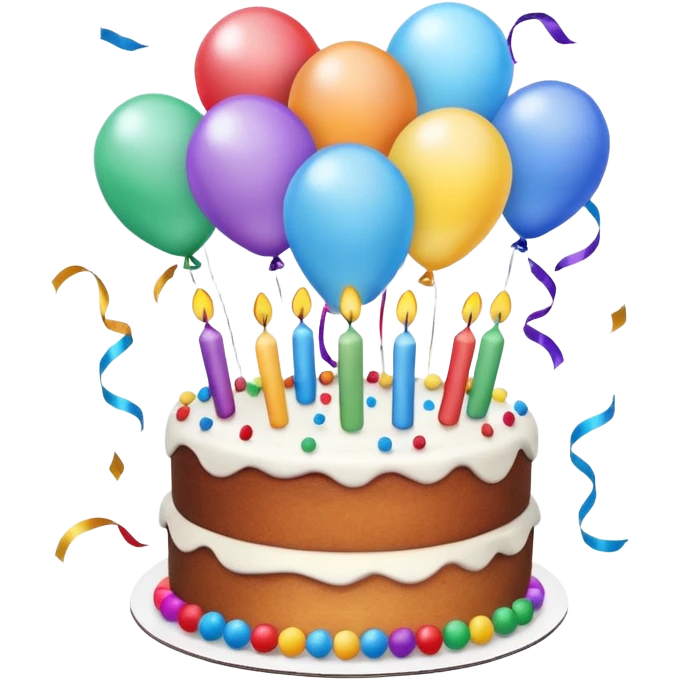 festive birthday scene with balloons, confetti, and a cake, expressing happiness and celebration emoji