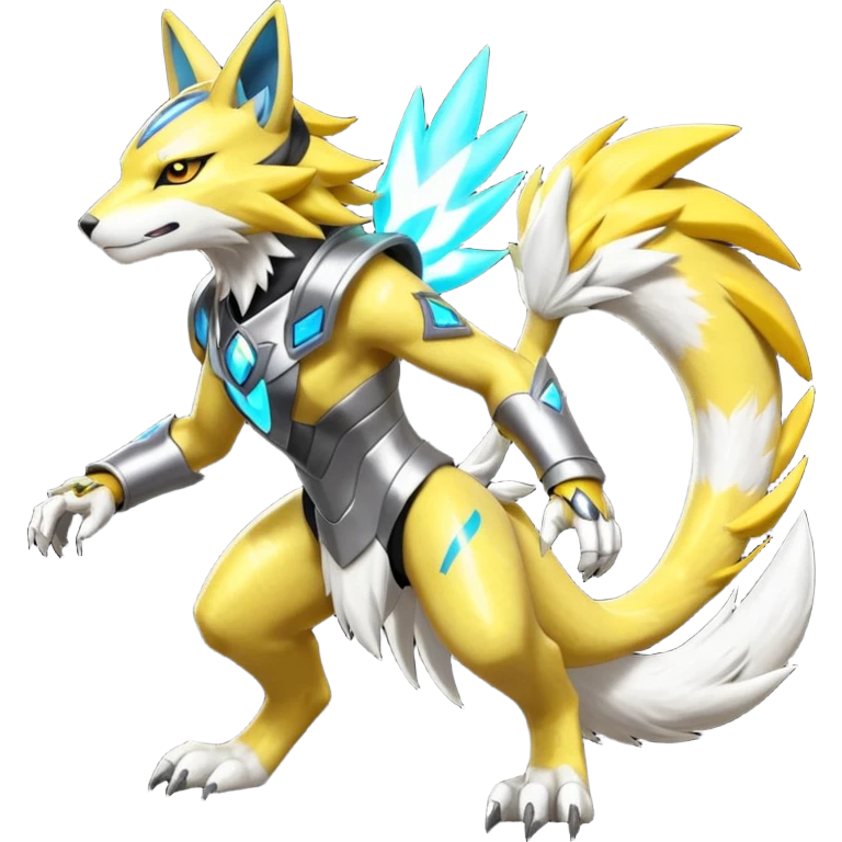 Modern futuristic shiny colorful Lombax-Zeraora-Renamon-fusion (full body) emoji