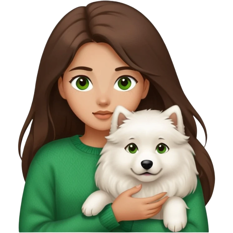 A brunette girl with long hair and green eyes, and wearing a brown sweater, holding a samoyed with Brown eyes emoji