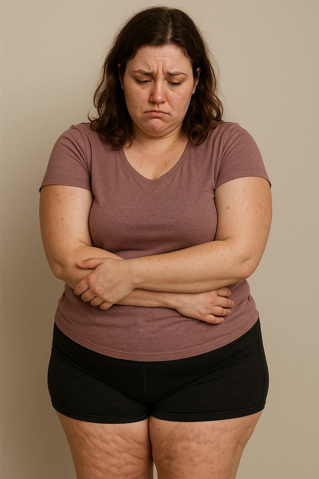 Donna con tanti inestetismi infelice sul corpo sempre riferite alla cellulite emoji