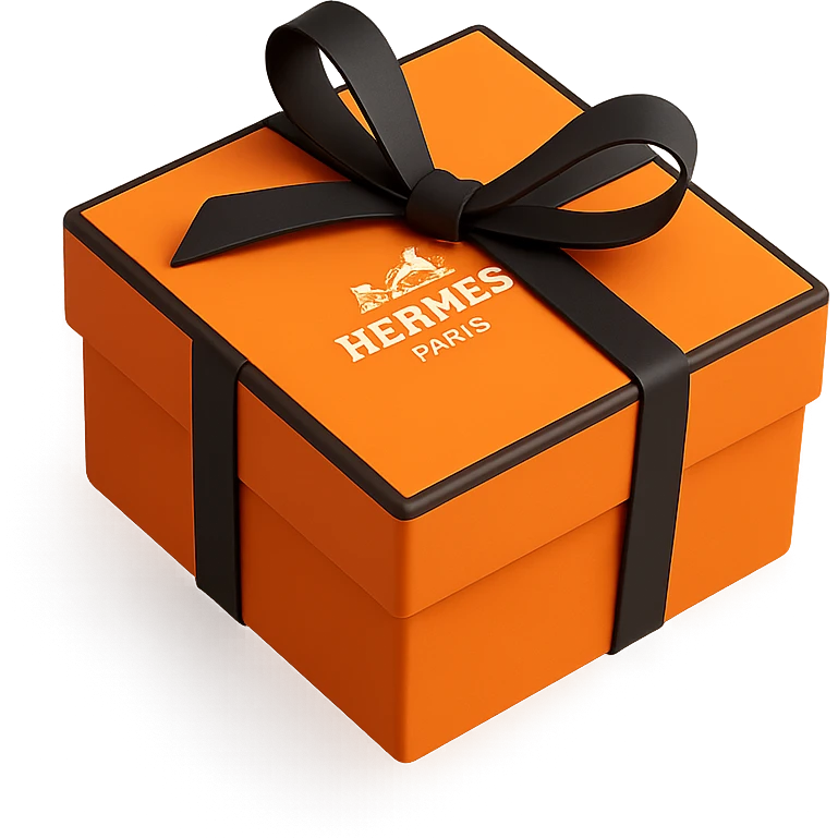 Add the Hermès logo to the center of the 3D orange box with a black ribbon tied in a bow. Maintain the same square shape and proportions, minimal style, on a white or transparent background. emoji