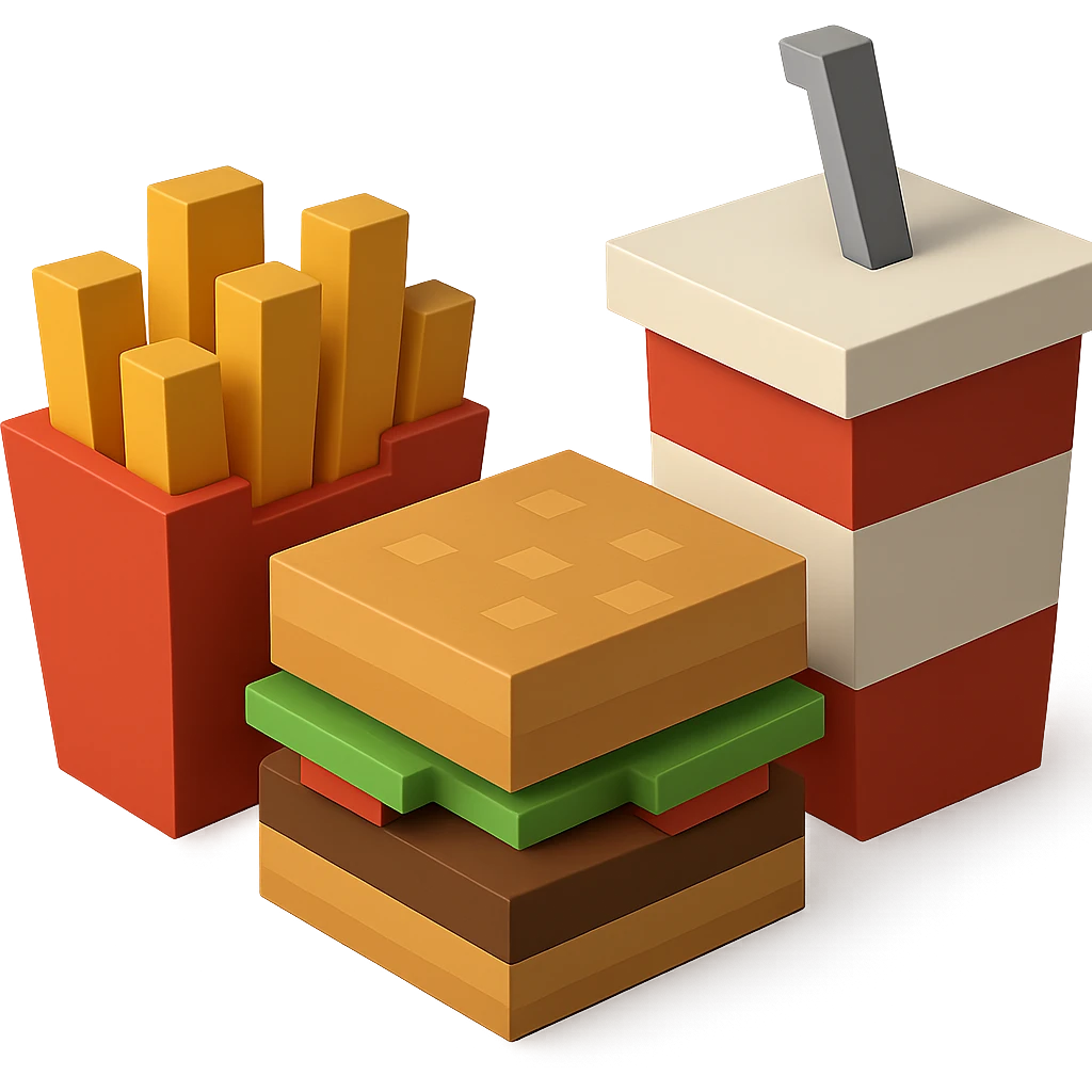 A burger and fries combo meal with drink, clean geometric 3D blocks style emoji