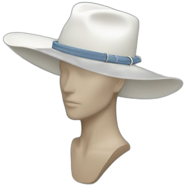 White wide brim hat with denim and bolo band and silver pin emoji