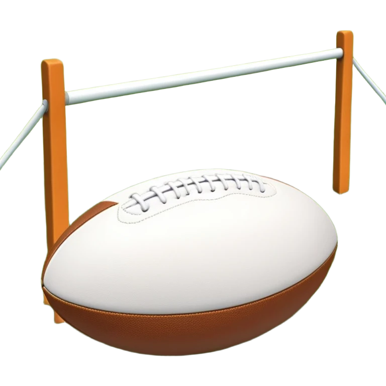 A rugby ball resting on a grassy field, with goalposts in the background. The scene captures the essence of the sport, with the field clearly marked and ready for a game, highlighting the intensity and teamwork of rugby. emoji
