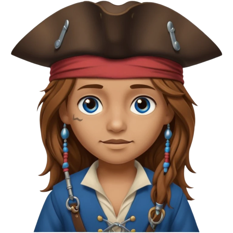 Five year old girl, light brown hair, blue eyes. Dressed as Jack Sparrow emoji