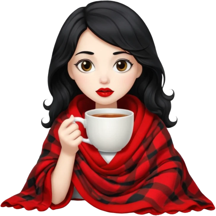 Long wavy Black haired, white skinned, black big eyed girl with red lipstick wrapped in a blanket, sipping tea emoji