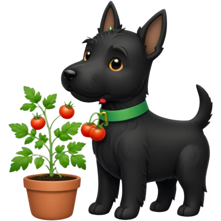 Black Scottie dog gardening with herbs and tomatoes emoji