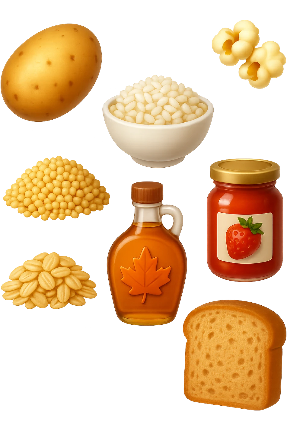 EMOJI STILE IPHONE DI Patate
Riso
Popcorn
Avena
Quinoa
Sciroppo d’acero
Marmellata di fragole
Pane di farro, fluttuano in aria REALISTICA 4K emoji
